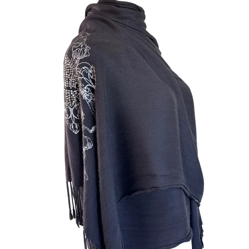 Black Fleur De Lis Rhinestone Wrap Shawl Scarf 72